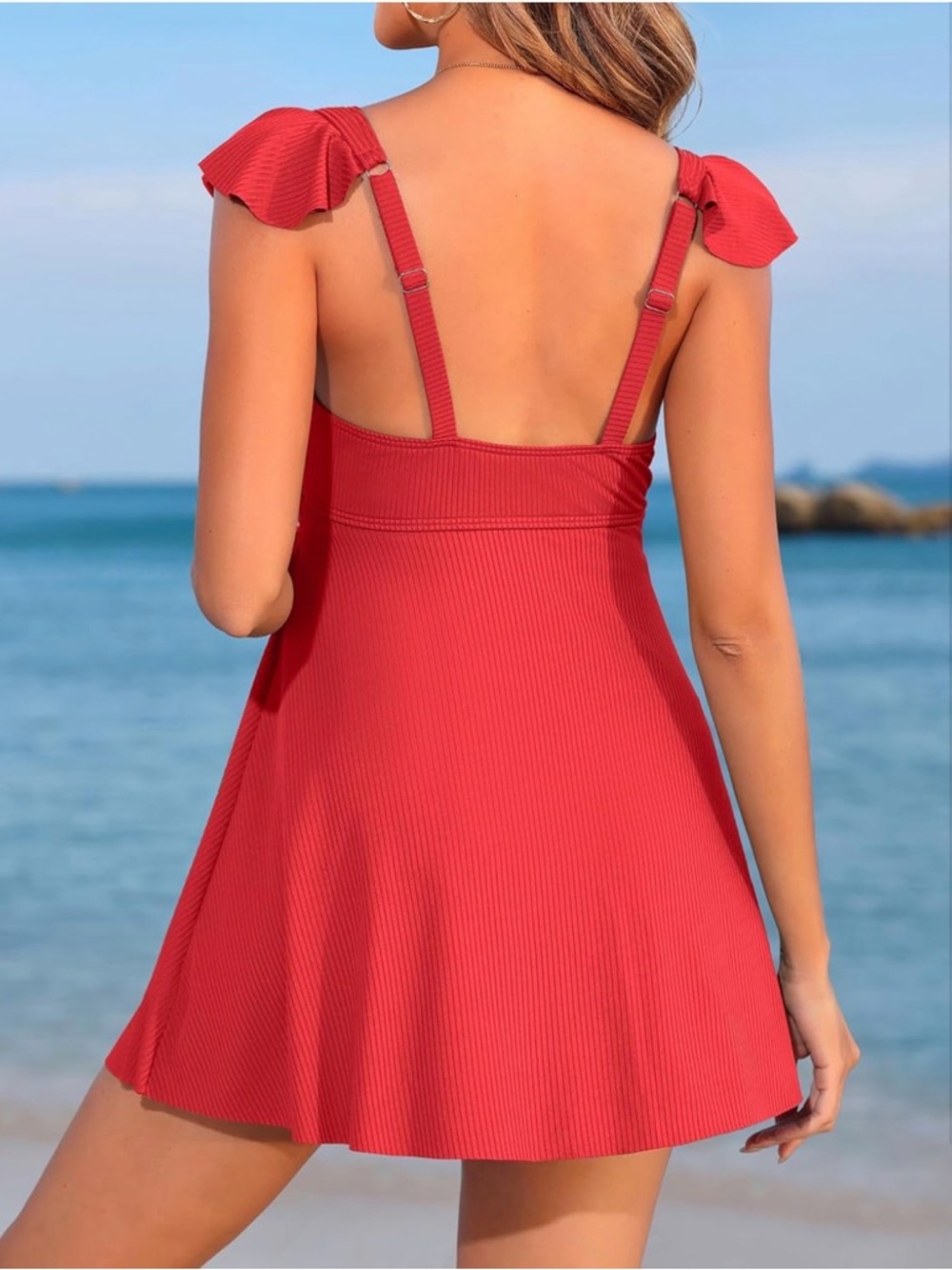 Red Maternity One-Piece Swim Dress with Twist Front - Picture 2 of 11